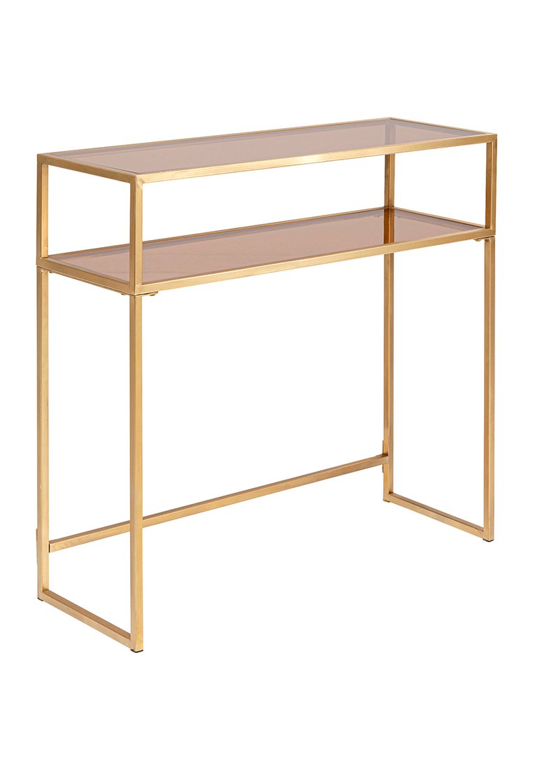 Konsole mit goldenem Metallrahmen, zwei Glasablagen, rechteckige Form, minimalistisches Design, glatte Oberflächen, keine sichtbaren Beschläge.