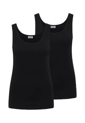 Deux débardeurs noirs sans manches pour femmes avec encolure dégagée, présentés côte à côte sur un fond blanc.