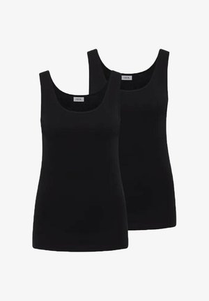 Dwa czarne damskie topy bez rękawów z okrągłym dekoltem, pokazane obok siebie na białym tle.
