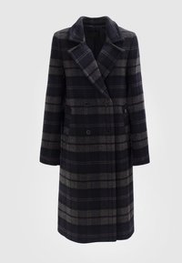 Double-breasted navy and gray plaid coat made of textured fabric, featuring a notched lapel and side pockets. Long sleeves with a straight cut.