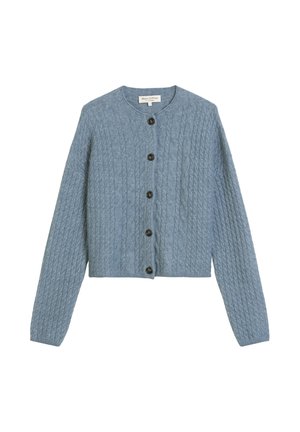 Lichtblauwe gebreide cardigan met een gestructureerd kabelpatroon, ronde halslijn en vijf zwarte knopen aan de voorkant. Korte lengte.