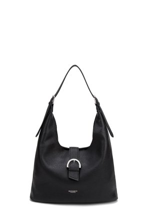 Borsa a tracolla in pelle nera testurizzata con fibbia argentata e tracolla singola, con marchio "DIANA&CO FIRENZE" alla base.