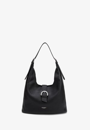 Borsa a tracolla in pelle nera testurizzata con fibbia argentata e tracolla singola, con marchio "DIANA&CO FIRENZE" alla base.