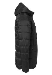 Chaqueta acolchada negra con capucha, textura acolchada y bolsillos laterales con cremallera. El diseño es ligero e insulated para mantener el calor.