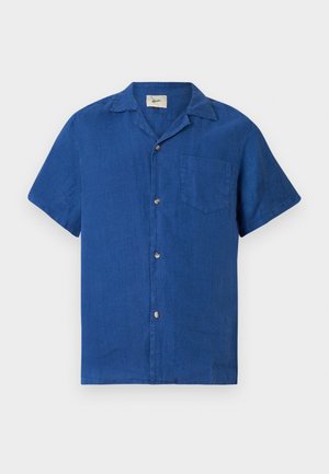 Short-sleeve blue button-up shirt with camp collar and chest pocket, displayed flat on a white background.