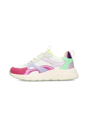 Bunte Sneaker aus Mesh und Wildleder mit pinken, lila, grünen und gelben Akzenten, einer dicken Sohle und einer Zuglasche an der Ferse.