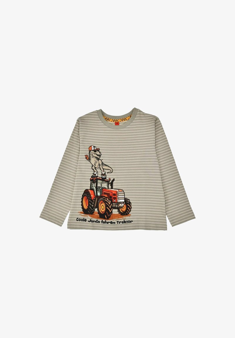 Chemise rayée grise à manches longues avec un graphique d'un dinosaure portant une casquette monté sur un tracteur orange, avec du texte noir en dessous.