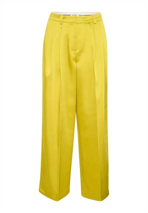 Geltonos plačios kelnės iš lygaus satino, turinčios priekines raukšles ir juosmenį su dirželių kilpomis.