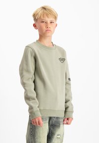 Lichtgroen katoenen sweatshirt met een ronde hals, ribbels aan de boorden en een logo op de borst. Gekleed met versleten denim jeans.