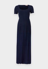 Marineblaues, geripptes Maxikleid mit kurzen Ärmeln, quadratischem Ausschnitt, elastischer Taille und einem fließenden, plissierten Rock. Reißverschluss hinten.