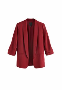 Červený blazer vyrobený z hladké tkaniny, s šálovým límcem, otevřeným předním dílem a rukávy do tří čtvrtin, s dvěma předními kapsami.