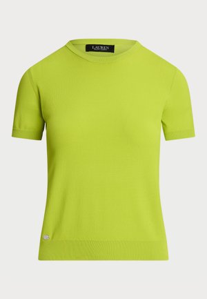 Short-sleeve knitted top in vibrant lime green. Features a round neckline, ribbed accents, and a small logo detail near the hem.