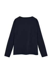 Marinblå långärmad topp med rundad halsringning. Tillverkad av mjukt tyg, med en enkel design och en rak fåll. Inga synliga accenter.