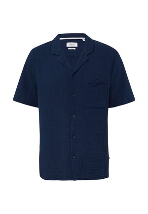 Camicia a maniche corte con bottoni di colore blu navy, realizzata in tessuto testurizzato, presenta una tasca sul petto e un design del colletto rilassato.