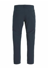 Marineblauwe chinos met een slim fit, voorzien van twee achterzakken, zacht katoenmateriaal en een gladde textuur. Geen zichtbare patronen of accenten.