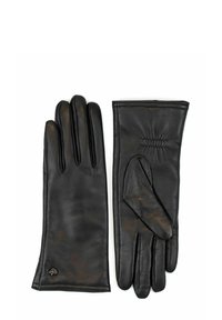 Schwarze Lederhandschuhe mit glatter Oberfläche, die ein gerafftes Designdetail am Handgelenk und ein kleines Logo auf der Manschette aufweisen.