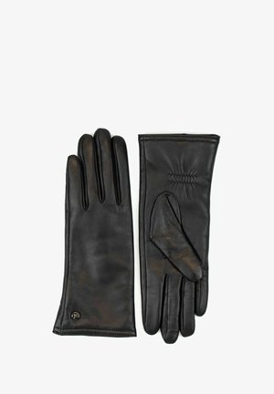 Black leather gloves with a smooth texture, featuring a gathered design detail at the wrist and a small logo accent on the cuff.