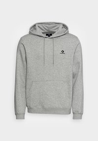 Grijze hoodie met trekkoorden en een vooraanstaande kangoeroezak. Bevat een zwart logo dat op de borst is gedrukt. Gemaakt van een zachte, gestructureerde stof.
