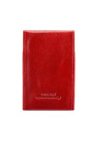 Portafoglio in pelle rossa con una texture liscia, design a libro e logo impresso. Presenta bordi puliti e uno stile minimalista.