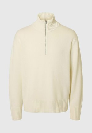 Lichtcrème zip-necksweater gemaakt van zachte gebreide stof. Kenmerkt zich door een geribbelde kraag en manchetten, met een relaxte pasvorm en een minimalistisch ontwerp.
