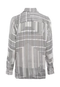 Sheer button-up shirt featuring black and white geometric lines, long sleeves, and a back yoke for added design detail.