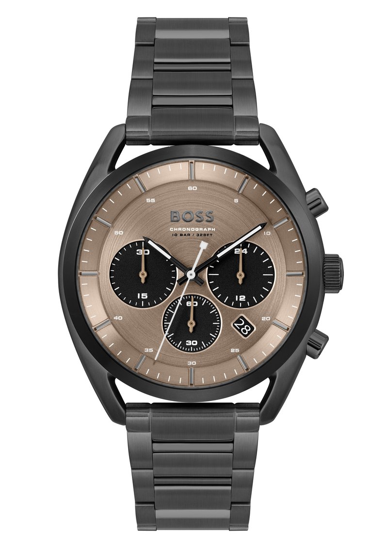 Montre chronographe avec un bracelet en acier inoxydable noir, cadran rond en bronze, trois sous-cadrans noirs et affichage de la date à 6 heures.
