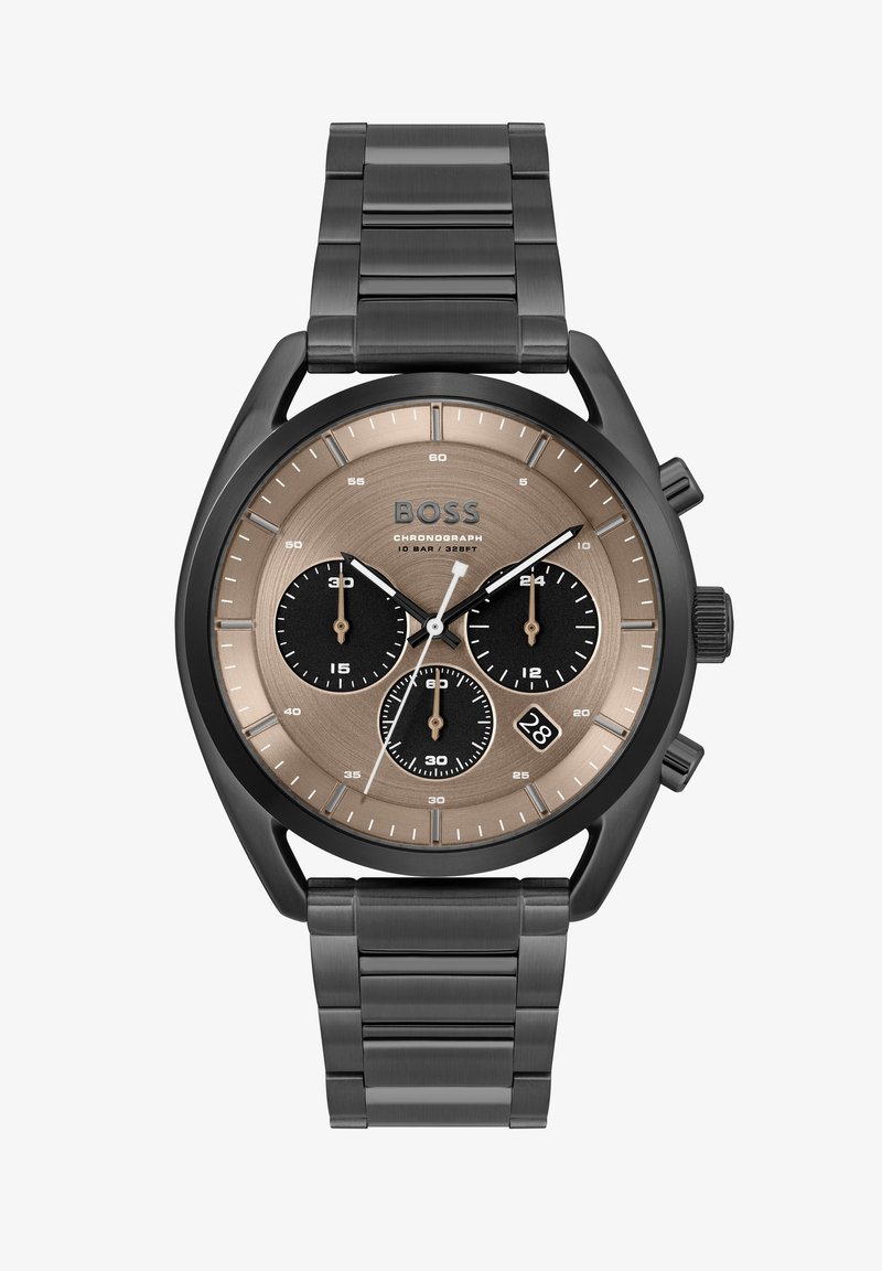 Relógio cronógrafo com bracelete de aço inoxidável preto, mostrador redondo em bronze, três sub-mostradors pretos e exibição da data às 6 horas.