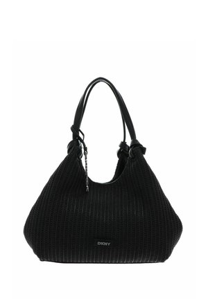 Sac à main noir DKNY en tissu texturé, forme arrondie et deux anses en cuir, avec un petit logo en métal et un charm de zip.