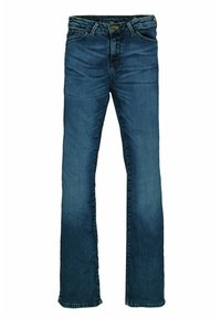 Blauwe rechte denim jeans met taillezakken, lussen voor een riem en knoopsluiting, gepresenteerd op een witte achtergrond.