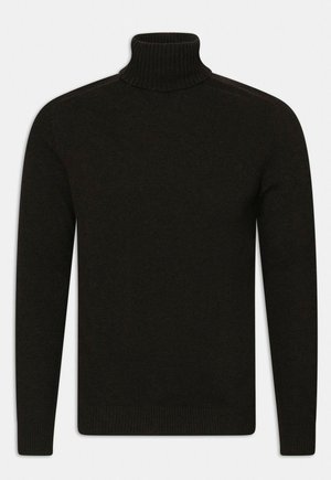 Schwarzer Rollkragenpullover aus Strickstoff, mit langen Ärmeln, einem gerippten Kragen und geripptem Saum, mit einer glatten Textur.