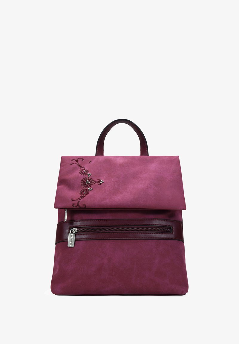 Mochila de imitación de cuero morado con parte superior plegada, bolsillo frontal con cremallera, detalle de bordado floral y un mango doble para su transporte.