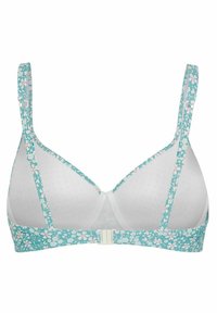 Vitt bh med ljusblå blommönstrad kant. Har justerbara axelband och hyska-och-ögla-stängning i ryggen. Mjuk tygtextur.