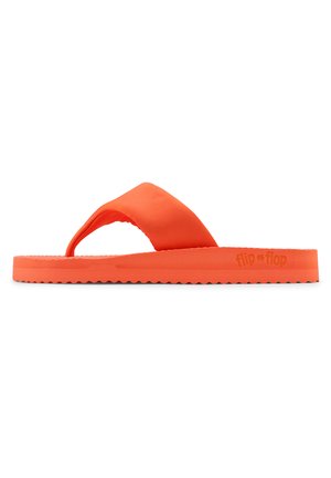 Orange flip-flop with a smooth upper strap, textured foam footbed, and a ridged outsole for traction. Brand logo embossed on side.