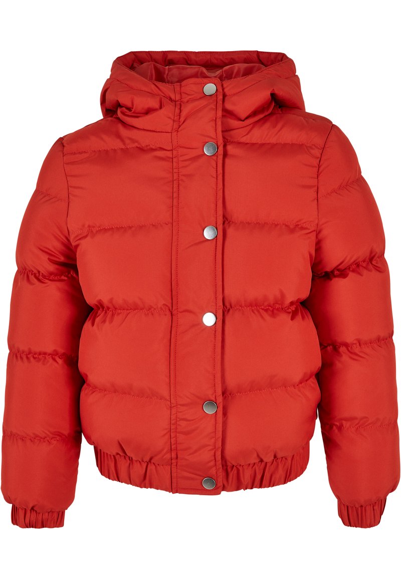Rød boblejakke med hette, med en quiltet design, elastiske mansjetter og trykknap-lukkinger. Myk stoff med ribbestrikket kantdetaljer.