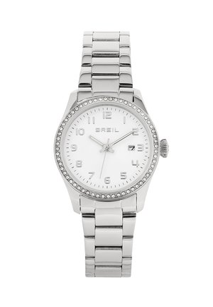 Orologio da polso in metallo argentato con quadrante bianco, indicatori numerali e dettagli in cristallo sulla lunetta. Bracciale in acciaio inossidabile con finitura lucida.