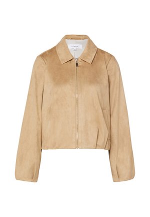 Beżowa zamszowa kurtka z przednim zamkiem błyskawicznym, klasycznym kołnierzem, długimi rękawami i bocznymi kieszeniami, rozmiar 36 marki Comma.