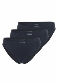 Trois paires de culottes pour femmes en bleu marine, fabriquées dans un tissu doux avec une texture lisse, présentant un design simple et une ceinture élastique.
