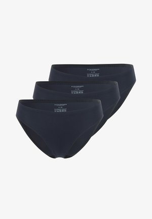 Drie paar damesonderbroeken in donkerblauw, gemaakt van zachte stof met een gladde textuur, met een eenvoudig ontwerp en een elastische tailleband.