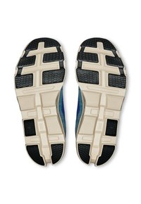Lightweight running shoes featuring a blue and grey mesh upper, rubber soles with multi-directional treads, and prominent cushioning.