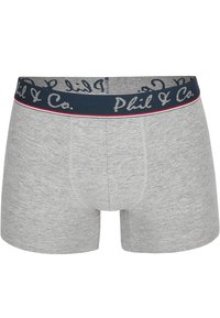 Grå bomullskalsonger med ett marinblått elastiskt midjeband som har vita och röda detaljer samt texten "Phil & Co." i silverfärgad kursiv.