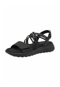 Black sandals with a wide front strap, crisscrossed elastic bands, cushioned sole, and a textured finish. Adjustable heel strap for secure fit.
