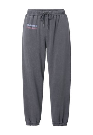 Dunkelgraue Sweatpants aus weichem Material mit einem elastischen Bund, Kordelzug und gerafften Bündchen. Mit besticktem Markentext.