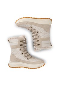 Beige gewatteerde winterlaarzen met een bontvoering, dikke witte tussenzolen, gestructureerde bruine rubberen buitenzolen en ronde patronen veters op metalen oogjes.