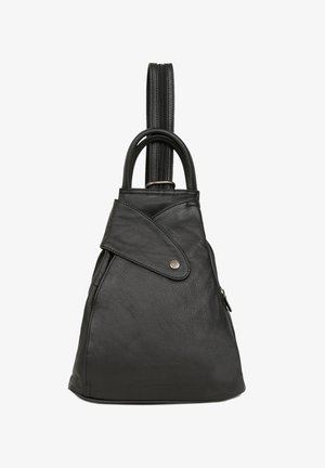 Zwarte leren handtas met een driehoekige vorm, gestructureerde handvatten, een flapsluiting en een ritszak. Geverfde, zachte afwerking.