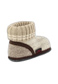 Wollen pantoffel met een beige gebreide manchet, grijze zool en bruine accenten. Heeft een gladde oppervlakt en een ronde vorm. Merkenlabel aan de zijkant.