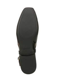 Black sandal with a smooth leather upper, adjustable ankle strap, and a textured rubber sole. Features a sturdy, rounded toe design.