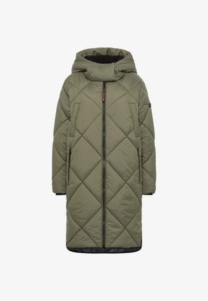 Olivgrüner gepolsterter Mantel mit Kapuze, ausgestattet mit rautenförmiger Steppung, zwei Fronttaschen und einem durchgehenden Reißverschluss. Weiche Innenbeschaffenheit.