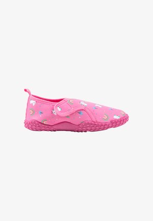 Zapato rosa para niños tipo slip-on con correa ajustable, decorado con arcoíris, unicornios y estrellas, y suela de goma texturizada para mejor agarre.