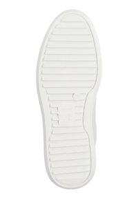 Semelle de sneaker blanche avec une surface en caoutchouc texturé, présentant des rainures horizontales et des motifs circulaires, avec la marque "High Soft" au centre.
