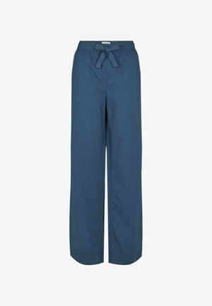 Marineblaue Hosen mit weitem Bein, elastischem Bund und Stoffbindegürtel, Vorderansicht, ohne Taschen oder sichtbare Verzierungen.